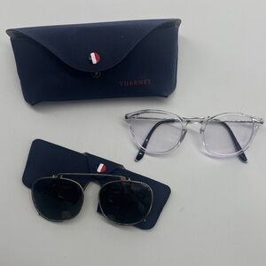 Vuarnet Clear Frame Optical Glasses with Dark Clip-On Sunglasses and Navy Case